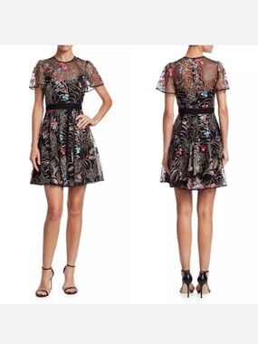 ML Monique Lhuillier Floral Embroidered Illusion Fit-&-Flare Dress